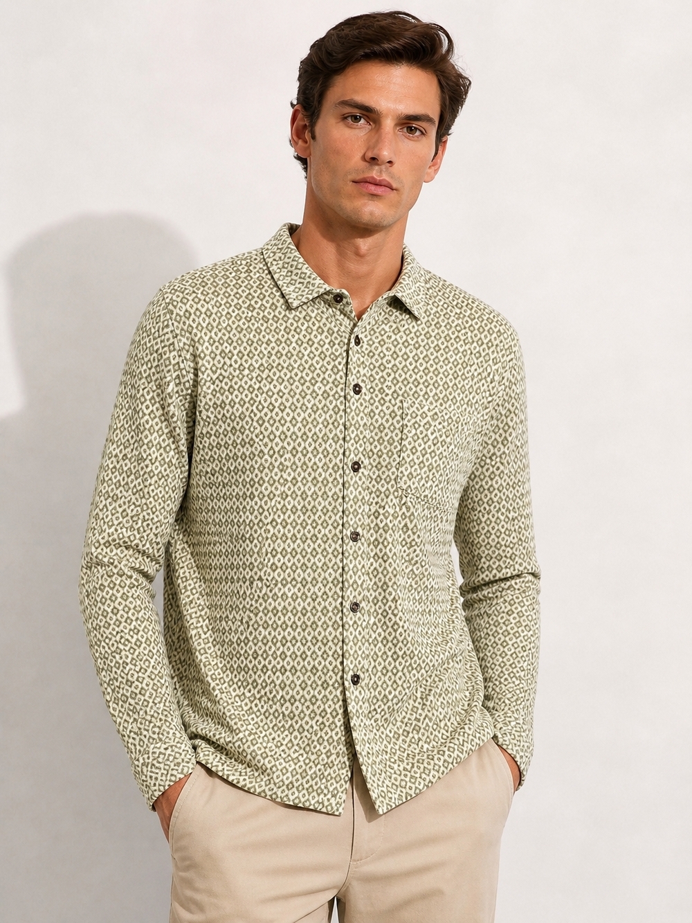 🆕️English Laundry Men’s Aztec Sage Pattern Button-Up Shirt Medium Green Cream